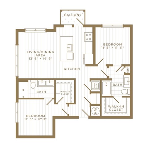 Floor plan for 2 beds, 2 baths, 1118 sqft